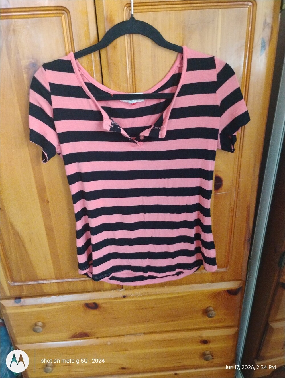 Pink Rose Pink and Black Striped Scoop Neck Tee